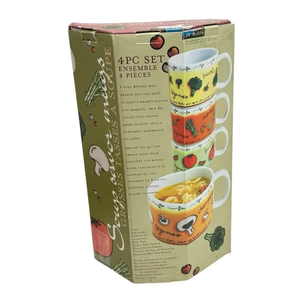 4pc‎ Stackable Soup Mugs Set MSC Vegetable Ceramic Jocha Tea Coffee 14oz NOS VTG